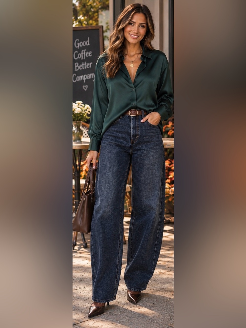Rumored Emerald Green Satin Button-Down Oversized Blouse - Small - NWT